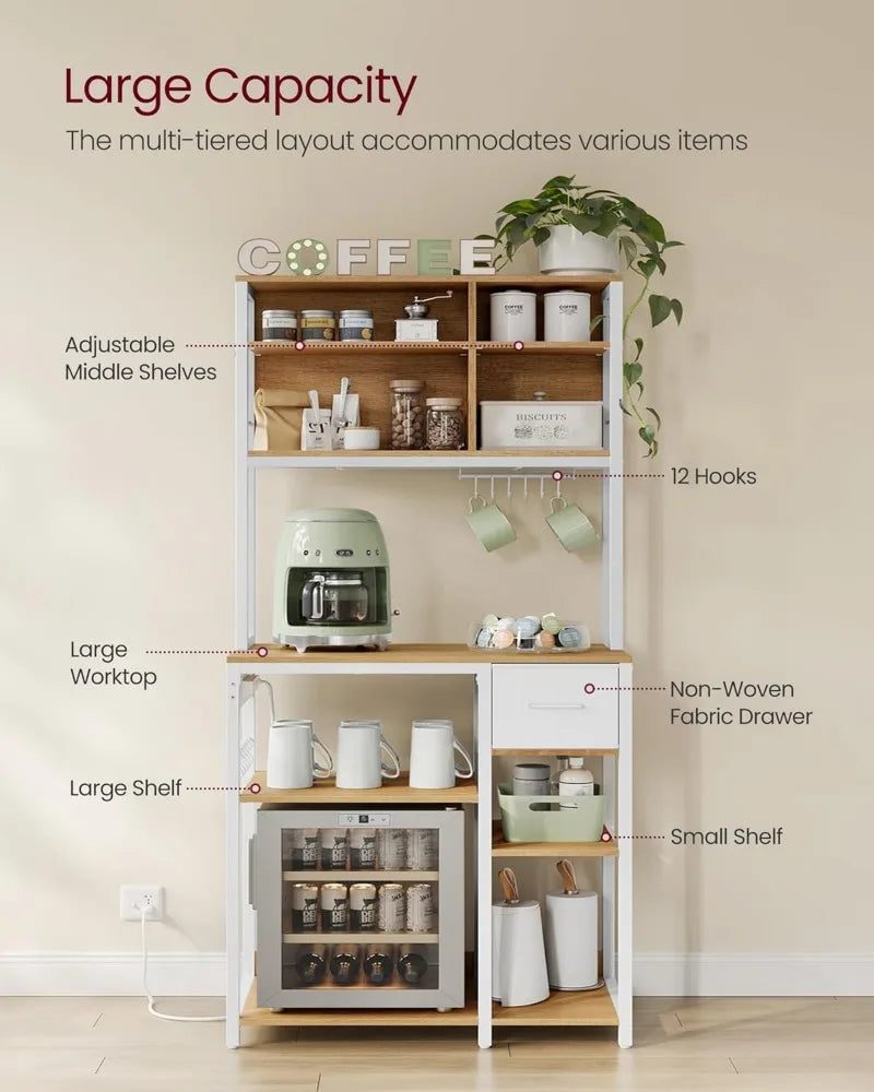 Bakers Rack with Charging Station, Adjustable Coffee Bar