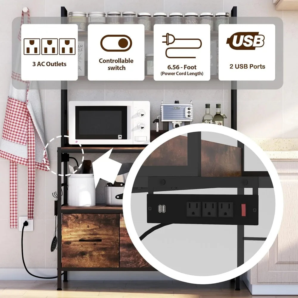 5-Tier Free Standing Bakers Rack with Power Outlet and Baskets