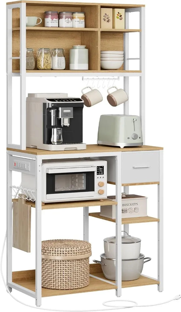 Bakers Rack with Charging Station, Adjustable Coffee Bar