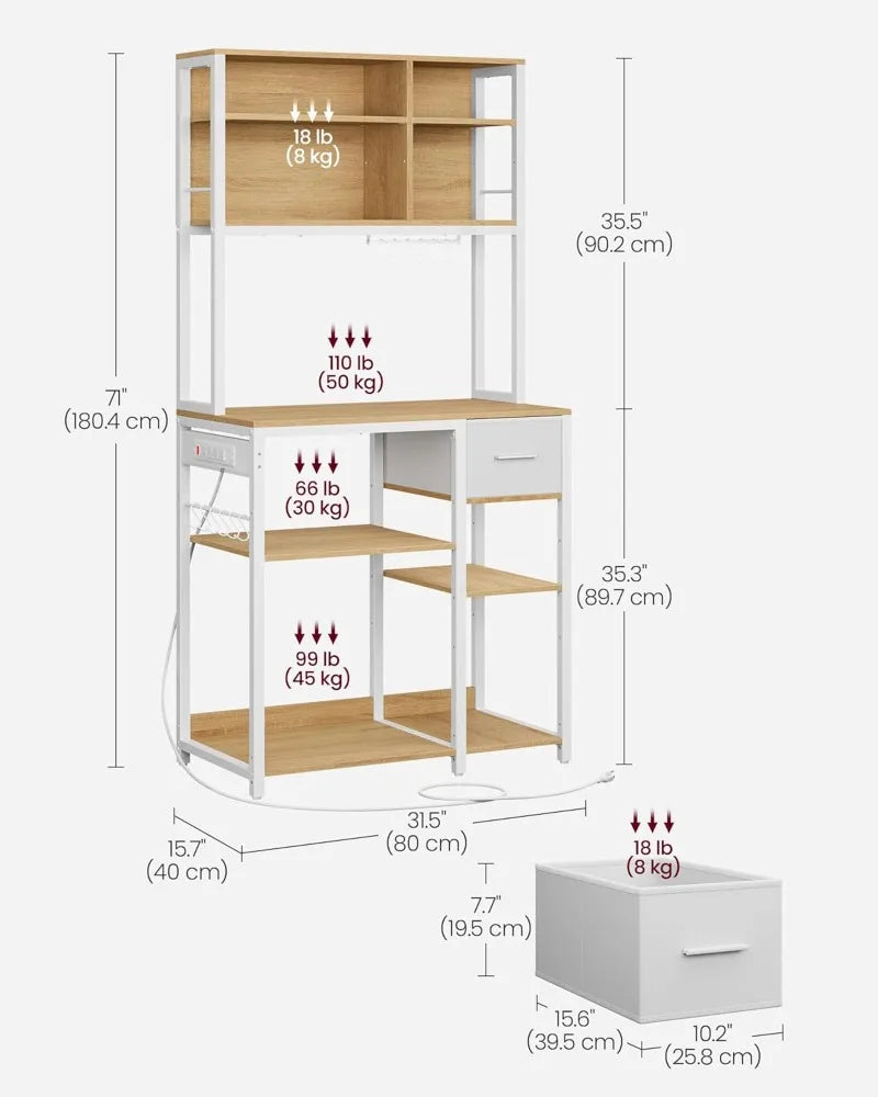 Bakers Rack with Charging Station, Adjustable Coffee Bar