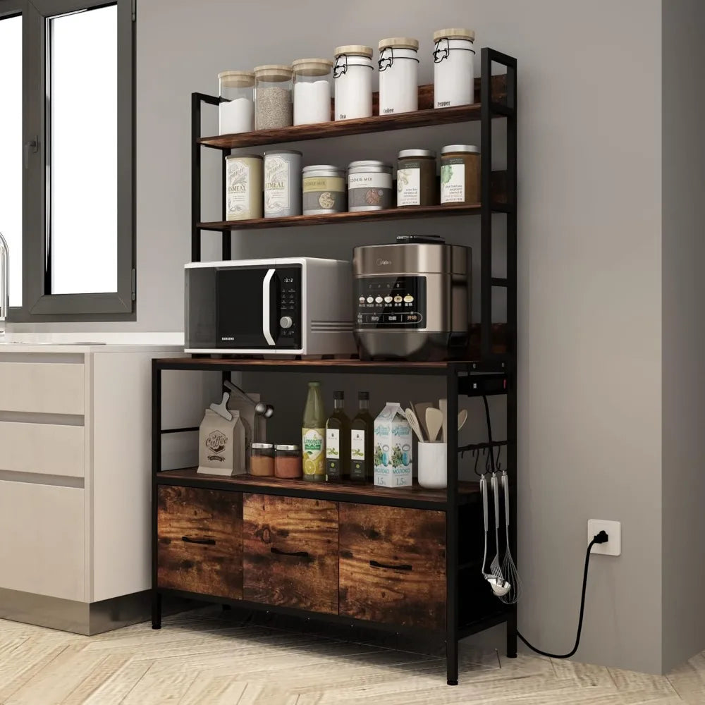 5-Tier Free Standing Bakers Rack with Power Outlet and Baskets