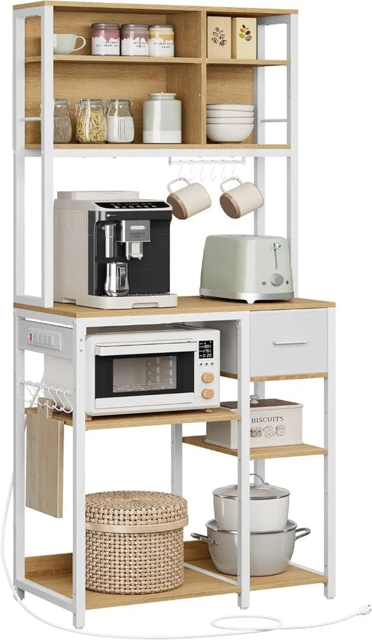 Bakers Rack with Charging Station, Adjustable Coffee Bar