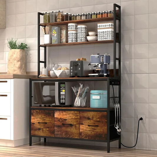 5-Tier Free Standing Bakers Rack with Power Outlet and Baskets